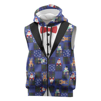 Christmas Patchwork Fake Tuxedo Sleeveless Zip Hoodie Santa and Reindeer Blue Plaid Style - Wonder Print Shop