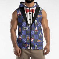 Christmas Patchwork Fake Tuxedo Sleeveless Zip Hoodie Santa and Reindeer Blue Plaid Style - Wonder Print Shop
