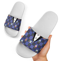 Christmas Patchwork Fake Tuxedo Slide Sandals Santa and Reindeer Blue Plaid Style - Wonder Print Shop