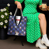 Christmas Patchwork Fake Tuxedo Tote Bag Santa and Reindeer Blue Plaid Style - Wonder Print Shop