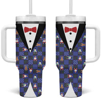 Christmas Patchwork Fake Tuxedo Tumbler With Handle Santa and Reindeer Blue Plaid Style - Wonder Print Shop