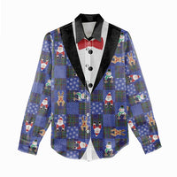 Christmas Patchwork Fake Tuxedo Women Casual Shirt Santa and Reindeer Blue Plaid Style - Wonder Print Shop