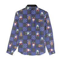 Christmas Patchwork Fake Tuxedo Women Casual Shirt Santa and Reindeer Blue Plaid Style - Wonder Print Shop