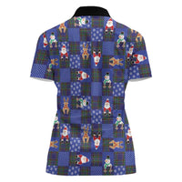Christmas Patchwork Fake Tuxedo Women Polo Shirt Santa and Reindeer Blue Plaid Style - Wonder Print Shop