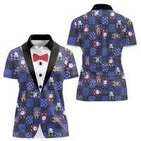 Christmas Patchwork Fake Tuxedo Women Polo Shirt Santa and Reindeer Blue Plaid Style - Wonder Print Shop