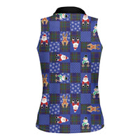 Christmas Patchwork Fake Tuxedo Women Sleeveless Polo Shirt Santa and Reindeer Blue Plaid Style - Wonder Print Shop