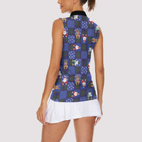 Christmas Patchwork Fake Tuxedo Women Sleeveless Polo Shirt Santa and Reindeer Blue Plaid Style - Wonder Print Shop