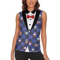 Christmas Patchwork Fake Tuxedo Women Sleeveless Polo Shirt Santa and Reindeer Blue Plaid Style - Wonder Print Shop