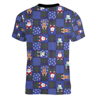 Christmas Patchwork Fake Tuxedo Women V-Neck T-Shirt Santa and Reindeer Blue Plaid Style - Wonder Print Shop