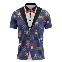 Christmas Patchwork Fake Tuxedo Zipper Polo Shirt Santa and Reindeer Blue Plaid Style - Wonder Print Shop