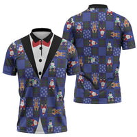 Christmas Patchwork Fake Tuxedo Zipper Polo Shirt Santa and Reindeer Blue Plaid Style - Wonder Print Shop