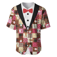 Christmas Patchwork Fake Tuxedo Baseball Jersey Santa and Reindeer Pink Plaid Style - Wonder Print Shop