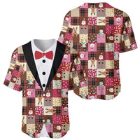 Christmas Patchwork Fake Tuxedo Baseball Jersey Santa and Reindeer Pink Plaid Style - Wonder Print Shop