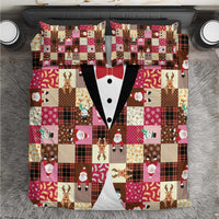 Christmas Patchwork Fake Tuxedo Bedding Set Santa and Reindeer Pink Plaid Style - Wonder Print Shop