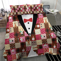 Christmas Patchwork Fake Tuxedo Bedding Set Santa and Reindeer Pink Plaid Style - Wonder Print Shop