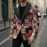 Christmas Patchwork Fake Tuxedo Blazer Santa and Reindeer Pink Plaid Style - Wonder Print Shop