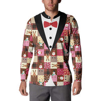 Christmas Patchwork Fake Tuxedo Button Sweatshirt Santa and Reindeer Pink Plaid Style - Wonder Print Shop