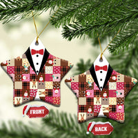 Christmas Patchwork Fake Tuxedo Ceramic Ornament Santa and Reindeer Pink Plaid Style - Wonder Print Shop