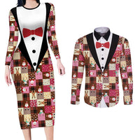 Christmas Patchwork Fake Tuxedo Couples Matching Long Sleeve Bodycon Dress and Long Sleeve Button Shirt Santa and Reindeer Pink Plaid Style - Wonder Print Shop