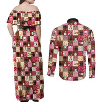 Christmas Patchwork Fake Tuxedo Couples Matching Off Shoulder Maxi Dress and Long Sleeve Button Shirt Santa and Reindeer Pink Plaid Style - Wonder Print Shop