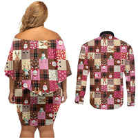 Christmas Patchwork Fake Tuxedo Couples Matching Off Shoulder Short Dress and Long Sleeve Button Shirt Santa and Reindeer Pink Plaid Style - Wonder Print Shop