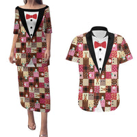 Christmas Patchwork Fake Tuxedo Couples Matching Puletasi and Hawaiian Shirt Santa and Reindeer Pink Plaid Style - Wonder Print Shop