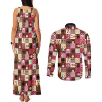 Christmas Patchwork Fake Tuxedo Couples Matching Tank Maxi Dress and Long Sleeve Button Shirt Santa and Reindeer Pink Plaid Style - Wonder Print Shop