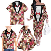 Christmas Patchwork Fake Tuxedo Family Matching Off The Shoulder Long Sleeve Dress and Hawaiian Shirt Santa and Reindeer Pink Plaid Style - Wonder Print Shop