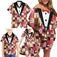 Christmas Patchwork Fake Tuxedo Family Matching Off Shoulder Short Dress and Hawaiian Shirt Santa and Reindeer Pink Plaid Style - Wonder Print Shop