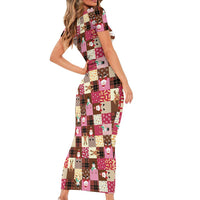 Christmas Patchwork Fake Tuxedo Family Matching Short Sleeve Bodycon Dress and Hawaiian Shirt Santa and Reindeer Pink Plaid Style - Wonder Print Shop