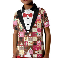 Christmas Patchwork Fake Tuxedo Kid Polo Shirt Santa and Reindeer Pink Plaid Style - Wonder Print Shop