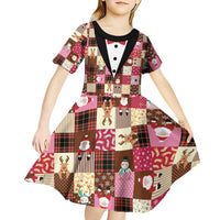 Christmas Patchwork Fake Tuxedo Kid Short Sleeve Dress Santa and Reindeer Pink Plaid Style - Wonder Print Shop