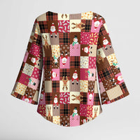 Christmas Patchwork Fake Tuxedo Kimono Sleeve Blouse Santa and Reindeer Pink Plaid Style - Wonder Print Shop