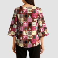 Christmas Patchwork Fake Tuxedo Kimono Sleeve Blouse Santa and Reindeer Pink Plaid Style - Wonder Print Shop