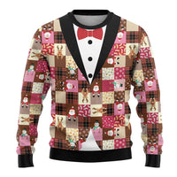 Christmas Patchwork Fake Tuxedo Ugly Christmas Sweater Santa and Reindeer Pink Plaid Style - Wonder Print Shop