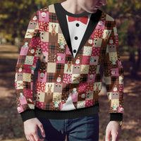 Christmas Patchwork Fake Tuxedo Ugly Christmas Sweater Santa and Reindeer Pink Plaid Style - Wonder Print Shop
