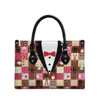 Christmas Patchwork Fake Tuxedo Leather Bag Santa and Reindeer Pink Plaid Style - Wonder Print Shop