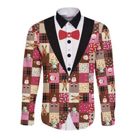Christmas Patchwork Fake Tuxedo Long Sleeve Button Shirt Santa and Reindeer Pink Plaid Style - Wonder Print Shop