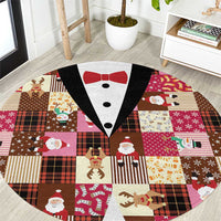 Christmas Patchwork Fake Tuxedo Round Carpet Santa and Reindeer Pink Plaid Style - Wonder Print Shop