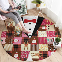 Christmas Patchwork Fake Tuxedo Round Carpet Santa and Reindeer Pink Plaid Style - Wonder Print Shop