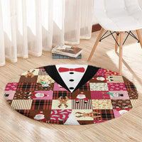 Christmas Patchwork Fake Tuxedo Round Carpet Santa and Reindeer Pink Plaid Style - Wonder Print Shop