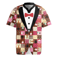 Christmas Patchwork Fake Tuxedo Rugby Jersey Santa and Reindeer Pink Plaid Style - Wonder Print Shop