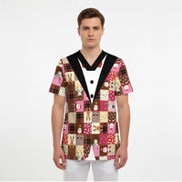 Christmas Patchwork Fake Tuxedo Scrub Top Santa and Reindeer Pink Plaid Style - Wonder Print Shop