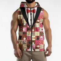 Christmas Patchwork Fake Tuxedo Sleeveless Zip Hoodie Santa and Reindeer Pink Plaid Style - Wonder Print Shop