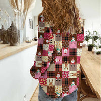 Christmas Patchwork Fake Tuxedo Women Casual Shirt Santa and Reindeer Pink Plaid Style - Wonder Print Shop