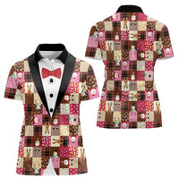 Christmas Patchwork Fake Tuxedo Women Polo Shirt Santa and Reindeer Pink Plaid Style - Wonder Print Shop