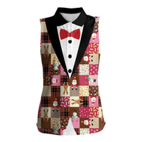 Christmas Patchwork Fake Tuxedo Women Sleeveless Polo Shirt Santa and Reindeer Pink Plaid Style - Wonder Print Shop