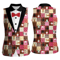 Christmas Patchwork Fake Tuxedo Women Sleeveless Polo Shirt Santa and Reindeer Pink Plaid Style - Wonder Print Shop