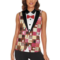 Christmas Patchwork Fake Tuxedo Women Sleeveless Polo Shirt Santa and Reindeer Pink Plaid Style - Wonder Print Shop