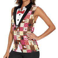 Christmas Patchwork Fake Tuxedo Women Sleeveless Polo Shirt Santa and Reindeer Pink Plaid Style - Wonder Print Shop